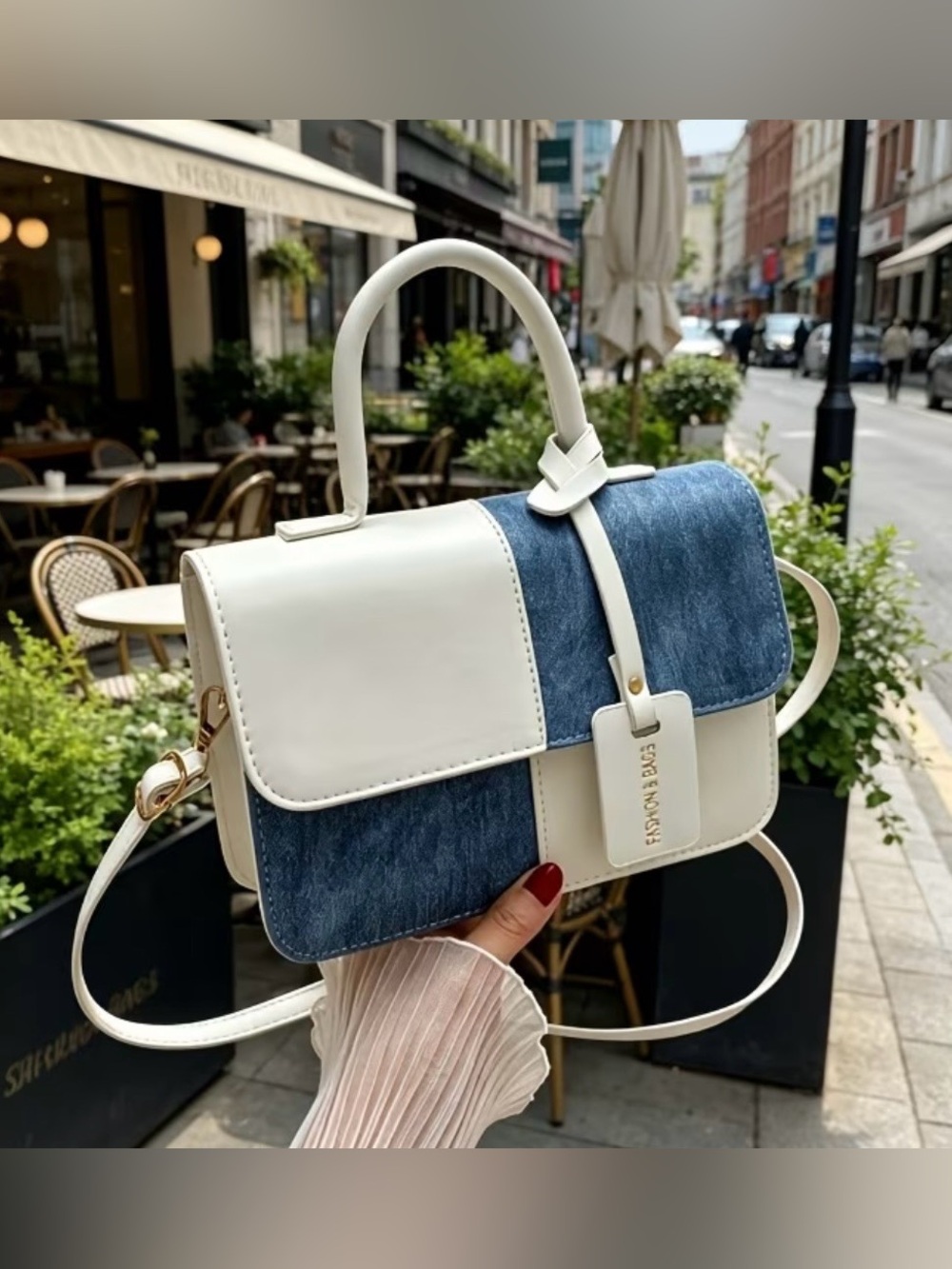 Two-Tone White and Denim Patchwork Top-Handle Crossbody Bag - Picture 5 of 7
